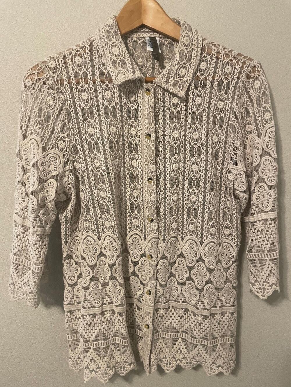 XCVI Button Up Tunic Top Womens Large Cream Lace Sheer Crochet Boho Romantic